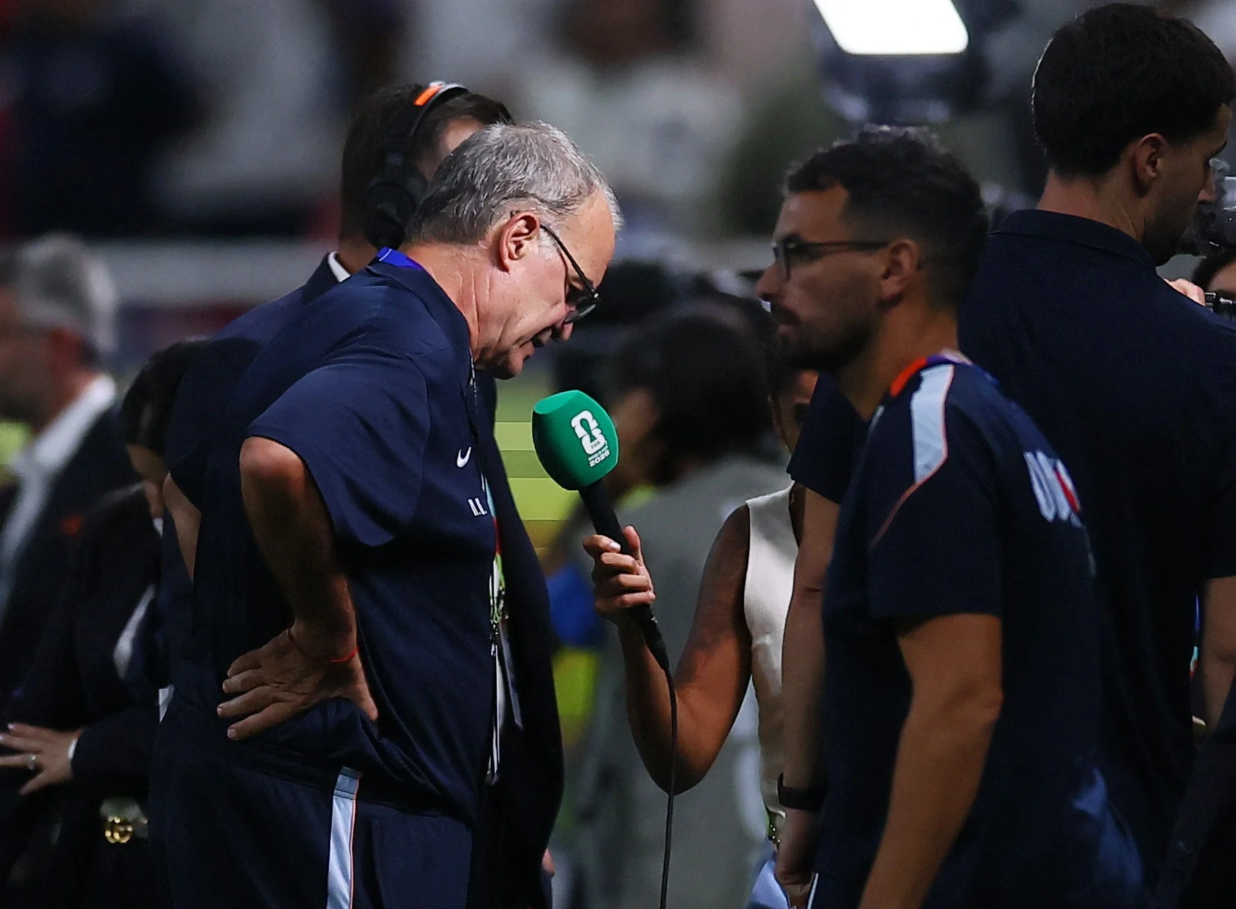 Uruguay coach Marcelo Bielsa speaks to the media after the match