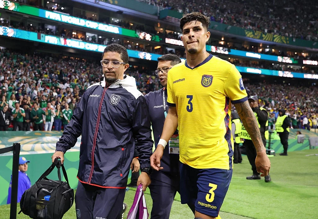 Ecuador defender Piero Hincapié was sent off in second-half stoppage time during his team's 2-0 loss to Mexico in the round of 32
